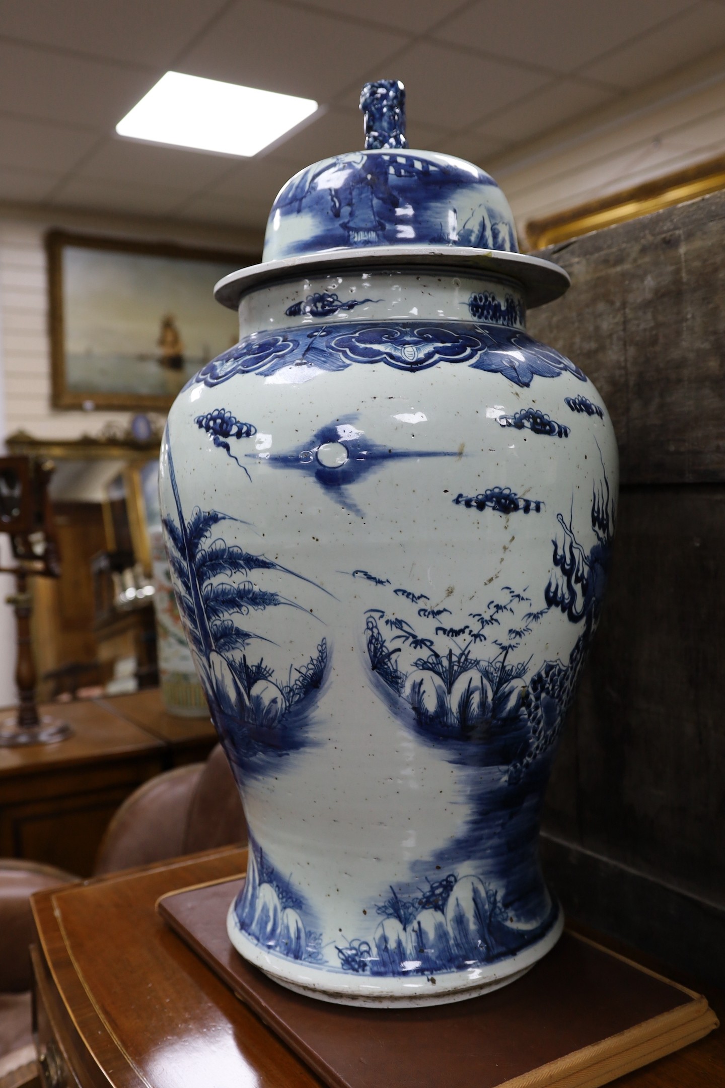 A large Chinese blue and white lidded baluster vase, 75cm tall